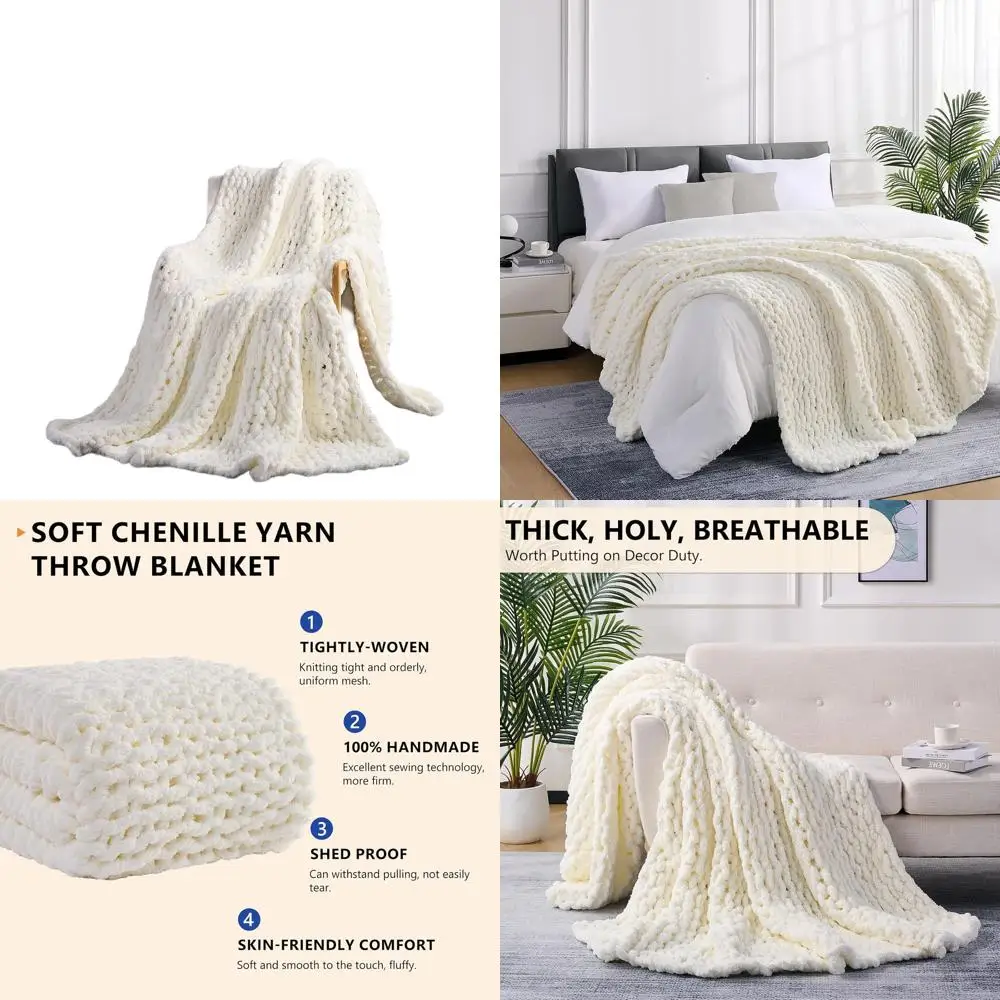 

Handcrafted Cable Crochet Blanket, 60x80, Plush Chenille Yarn, Cream White