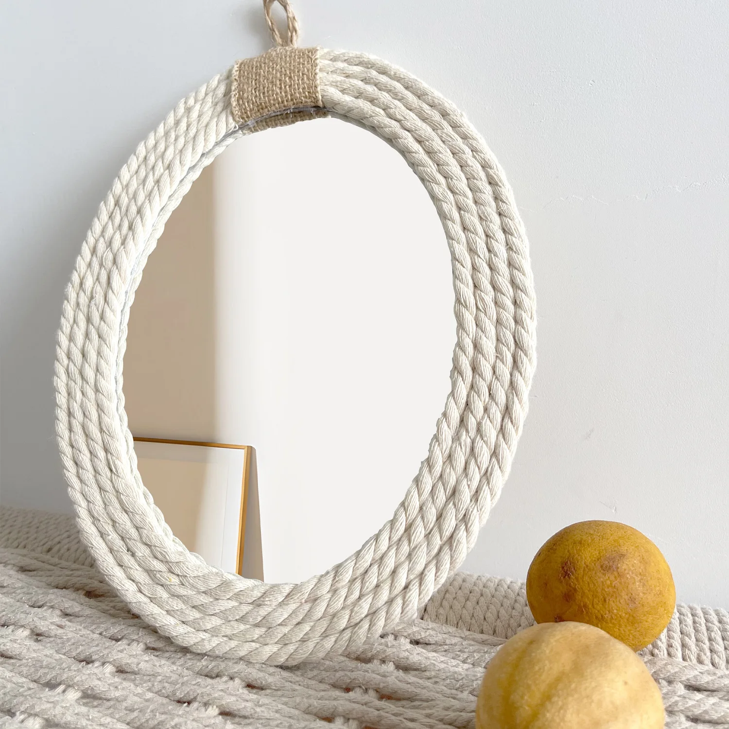 Cotton Rope Oval Mirror Country Coastal Nautical Style Oval Rope Mirror Hanging Oval Mirror with Macrame Fringe Art Bo