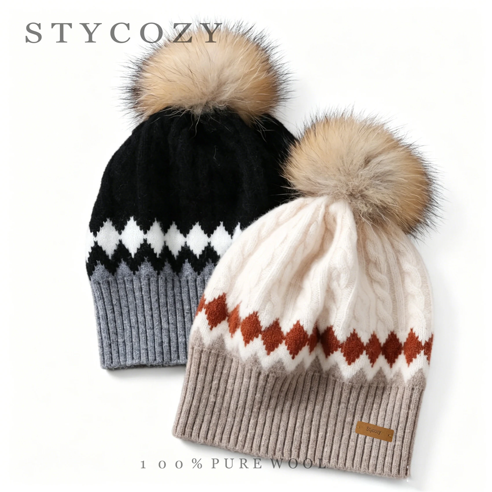 100% Wool Colorblock Diamond Twist Thick Knit Beanie For Women Autumn And Winter Outdoor Casual Warm Windproof Head Cover Hat