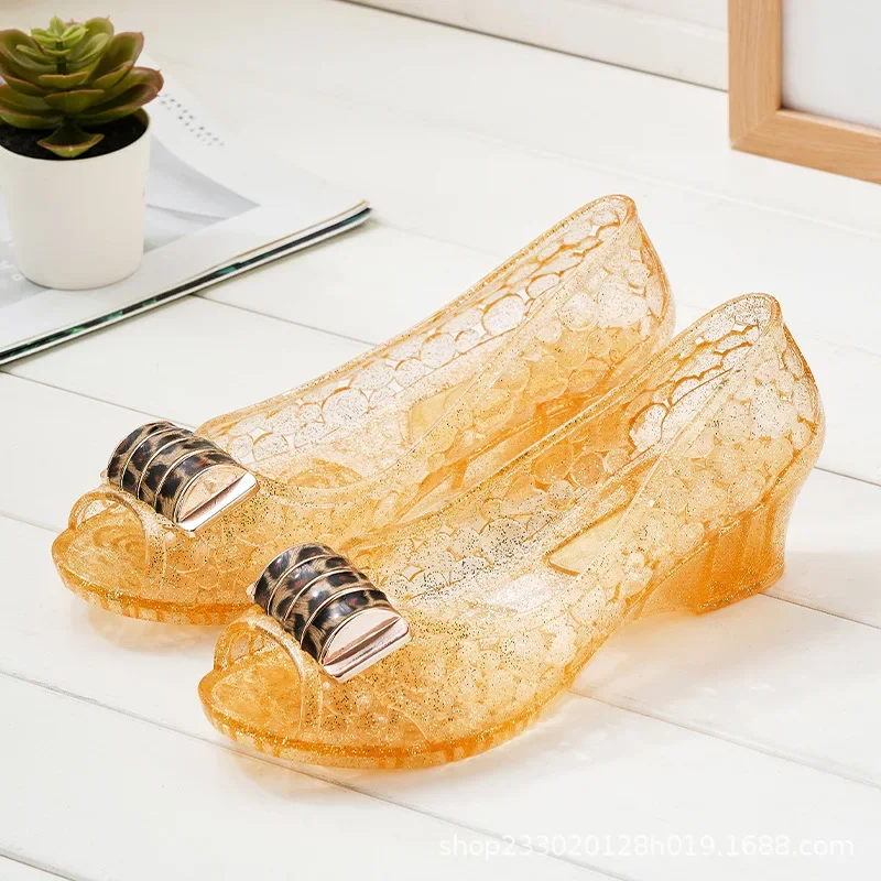 Сандалии-желе женские с открытым носком, уличные пляжные босоножки принцессы, дышащие, на высоком каблуке, с кристаллами, на лето