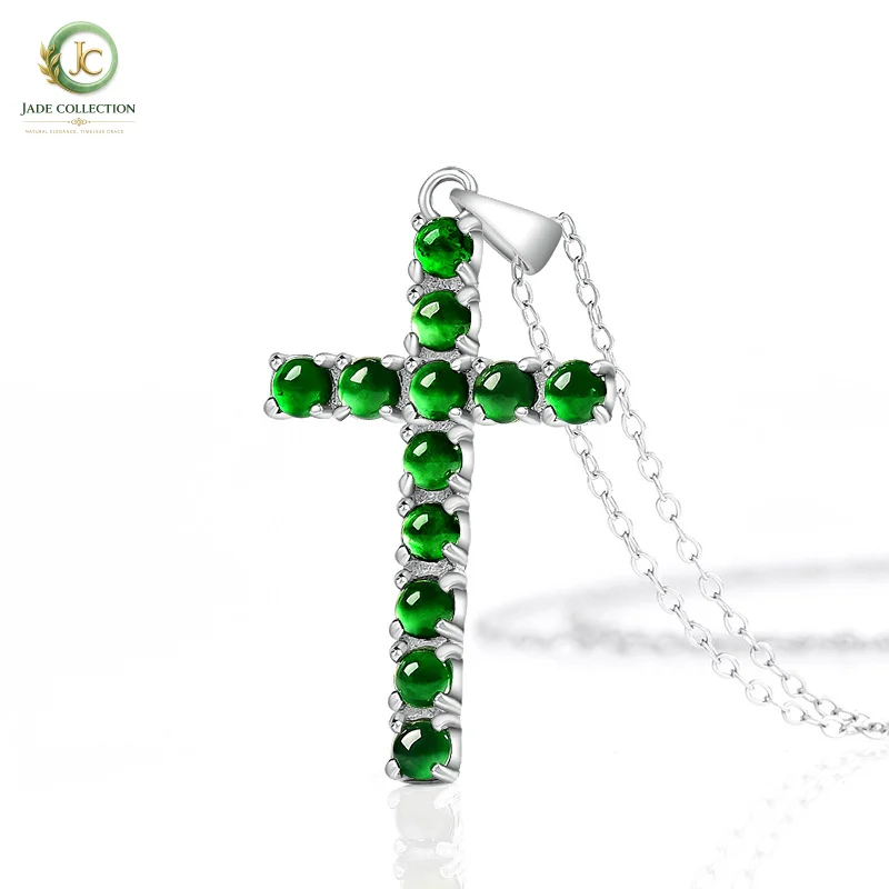 NaturalAJadeite cross in translucent green jadeS925Silver inlaid celestial pendant, fashionable and simple design for both men a