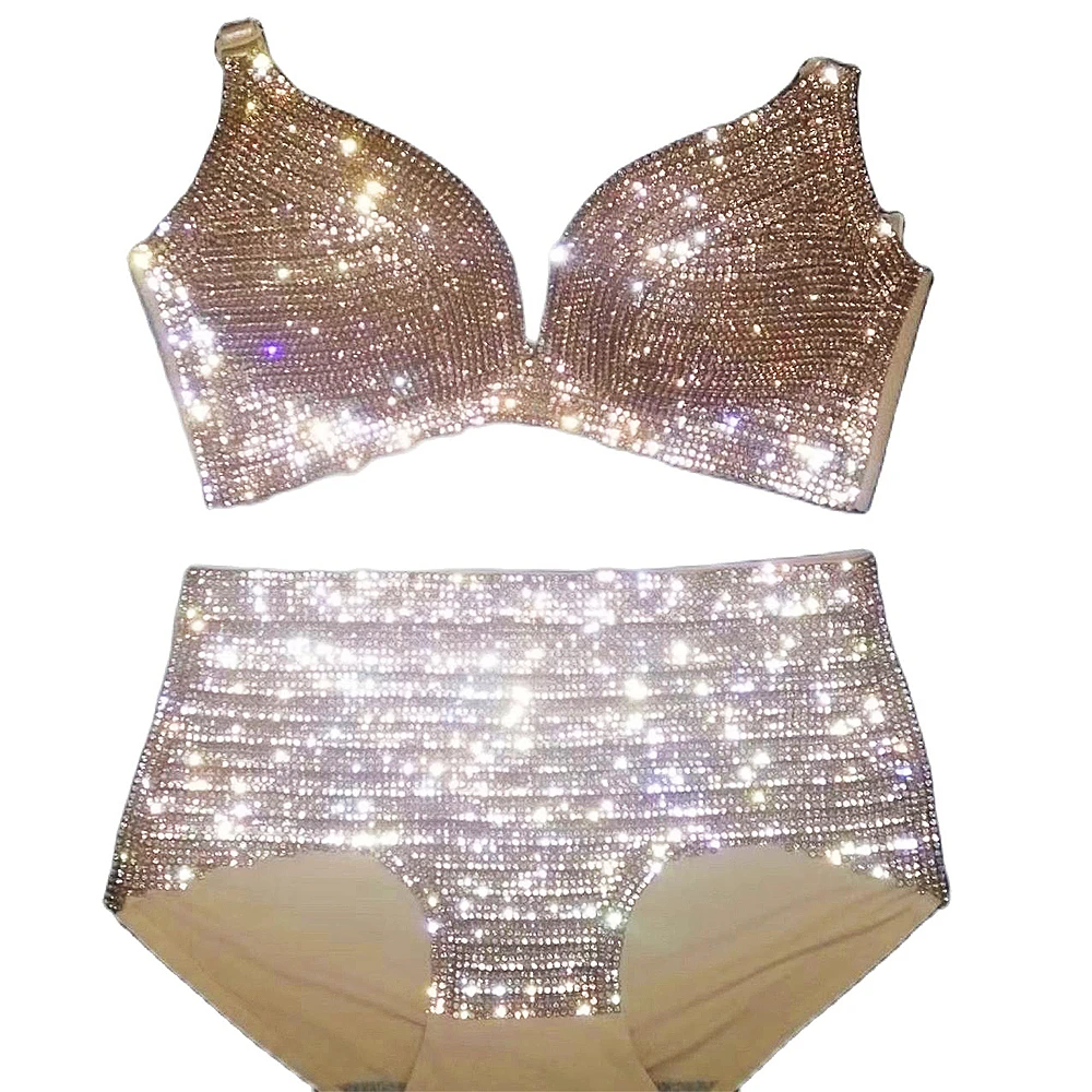 

Women Bikini Sets Two Piece Shining Rhinestone Sexy Bra Shorts Nightclub DJ Bar Pole Dance Stage Drag Queen Outfit