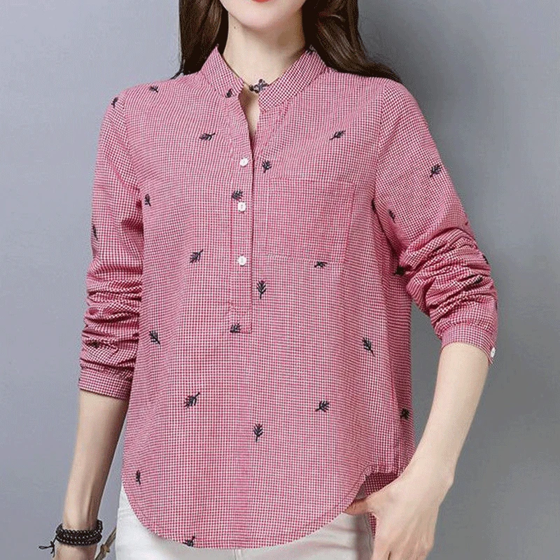 Spring and Summer Women\'s Plaid Shirt Long-sleeved Korean Version Loose Standing Collar Single Breasted Fashion Casual Commute