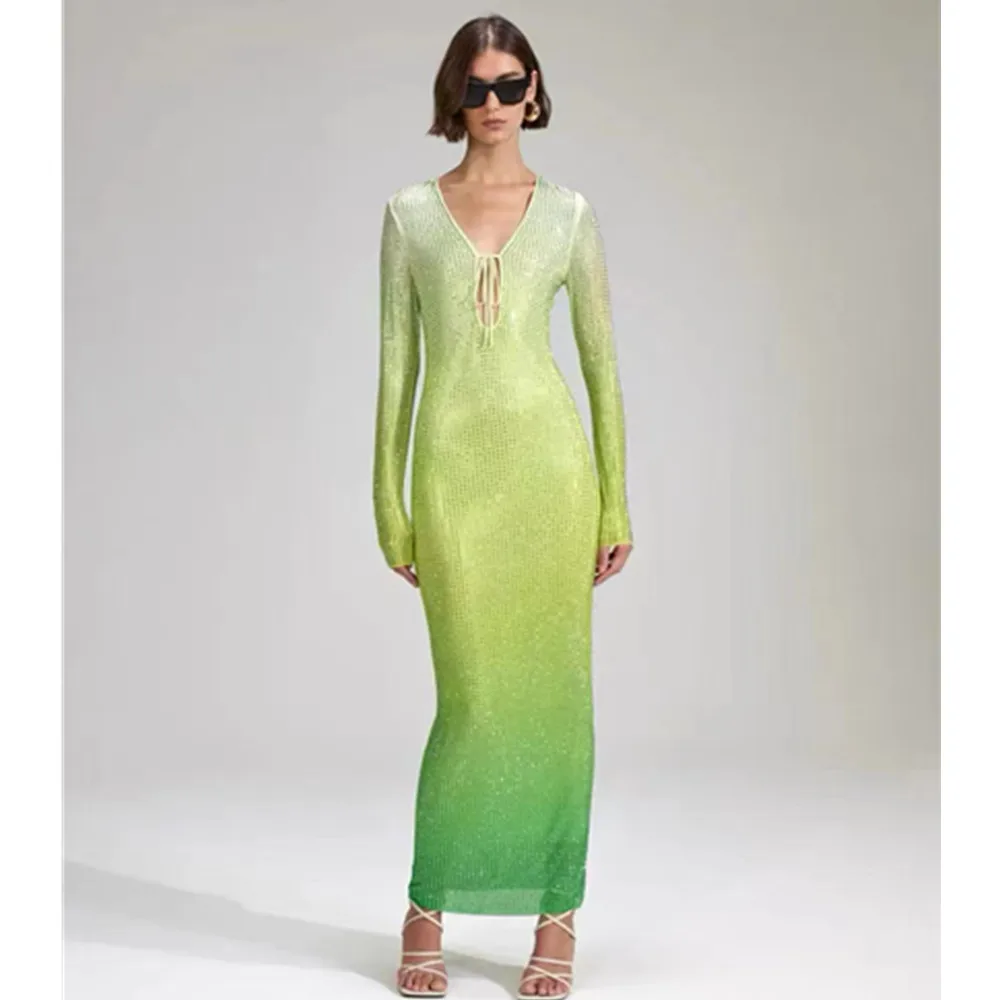 

Evening Party Long One-Piece Dress Women Gradient Green Long Seeve Deep V Neck Rhinestones Shiny Celebrity Birthday Gowns