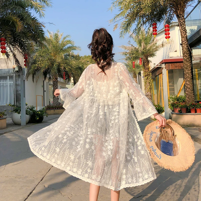 Summer Beach Style Lace Cardigan 2022 Flared Sleeve Thin Sunscreen Outerwear Female All-Match Holiday Midi Length Shawl