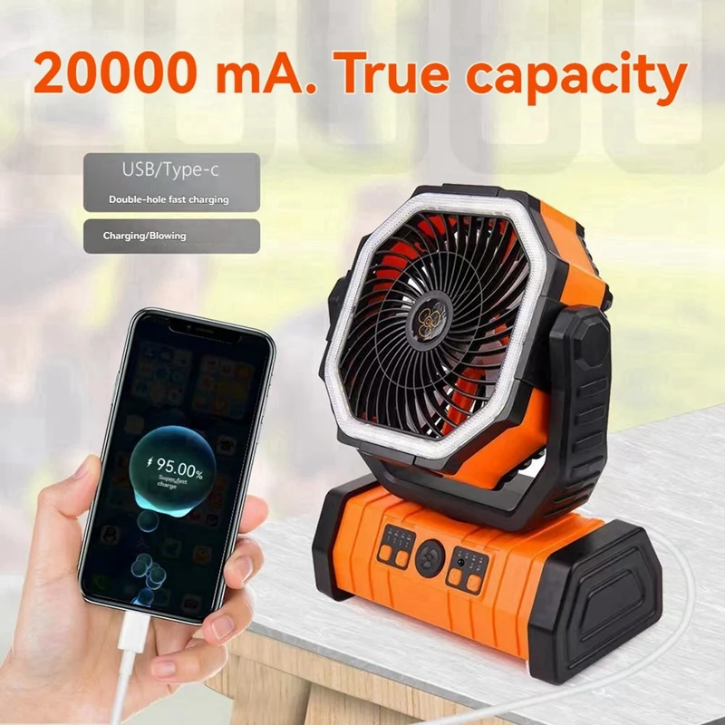 ABNO-20000Mah Battery Fan Rechargeable With Hook&Bright LED Light Remote Control Timer Auto Oscillation Cordless Fan