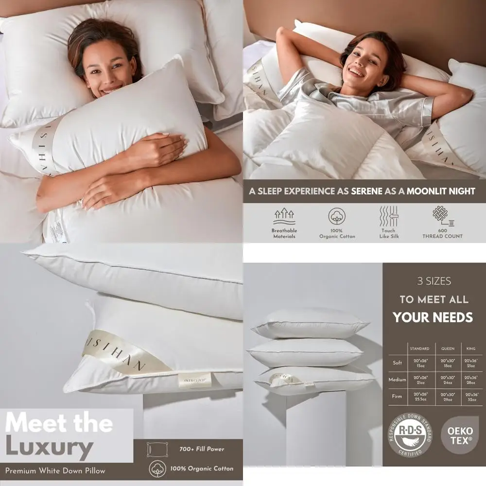 

Роскошные подушки на гусином пуху — высокая мощность 700+, идеально подходят для сна на животе, 100% хлопок, чехол с 500 нитками