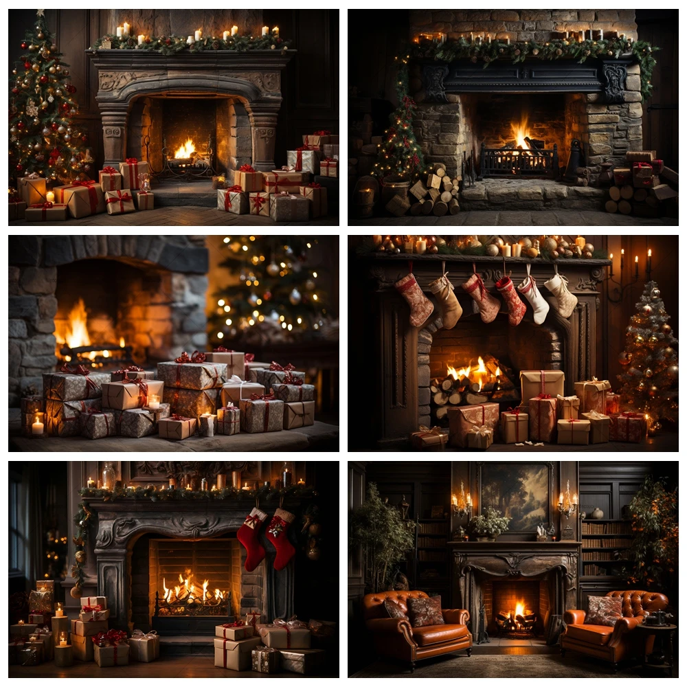 Winter Brick Fireplace Burning Fire Backdrop Custom Merry Christmas Family Party Banner Photography Backgrounds For Photo Studio