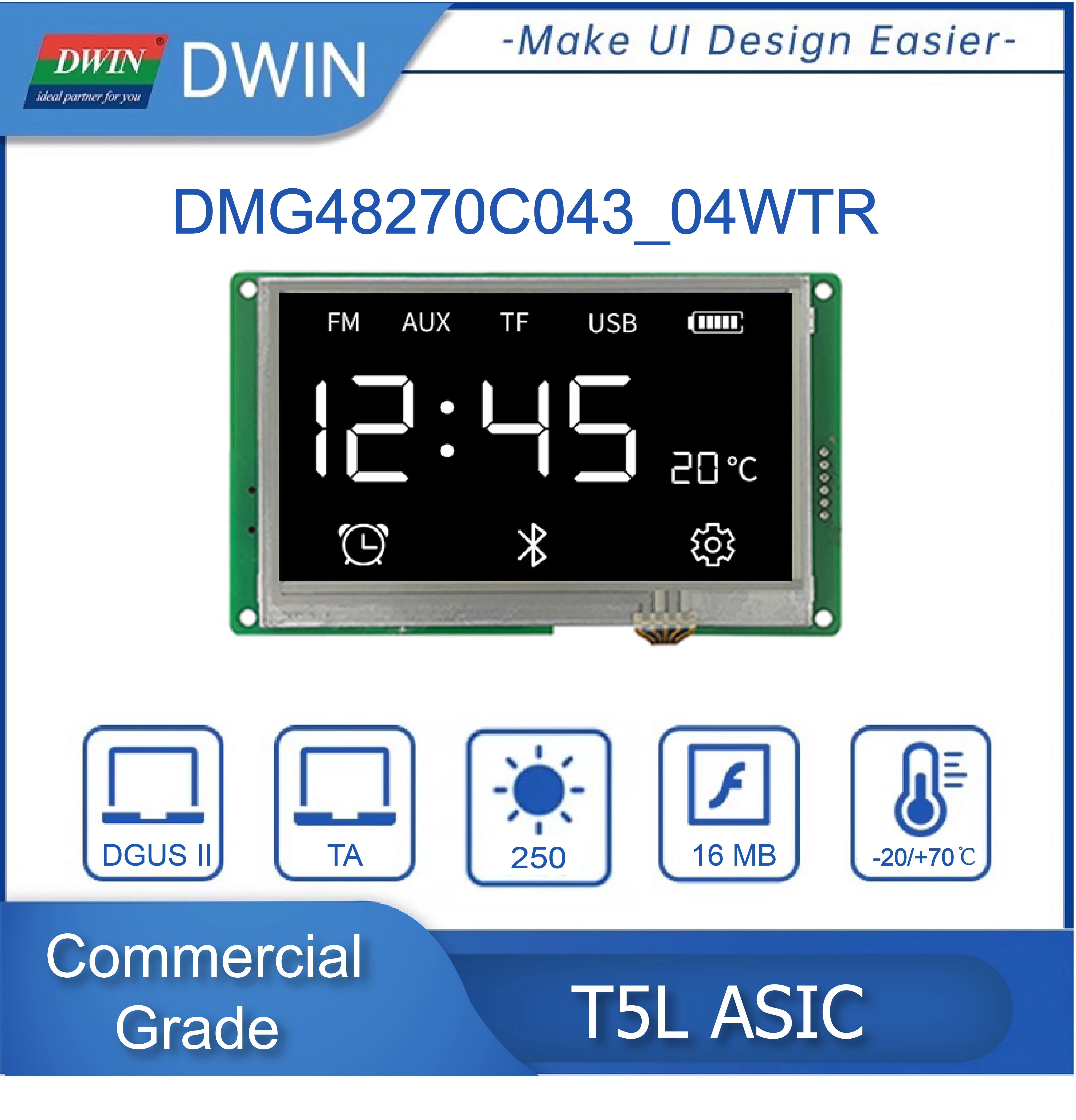 Dwin 4.3 Inch Display Capacitieve Touchscreen, 480 * Rgb * 270, Hmi Module, Commerciële Grade, TV-TN-TFT-LCD - DMG48270C043_04WTC