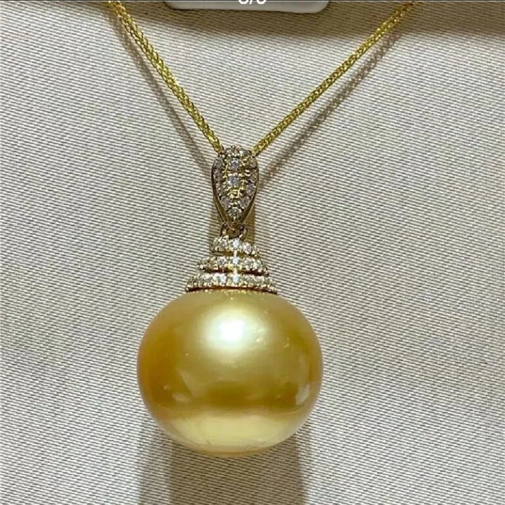 AAA+ 12-13mm Authentic s925 Silver Diamond Charm Rich Gold Sea Pearl earring set Pendant Necklace gift box