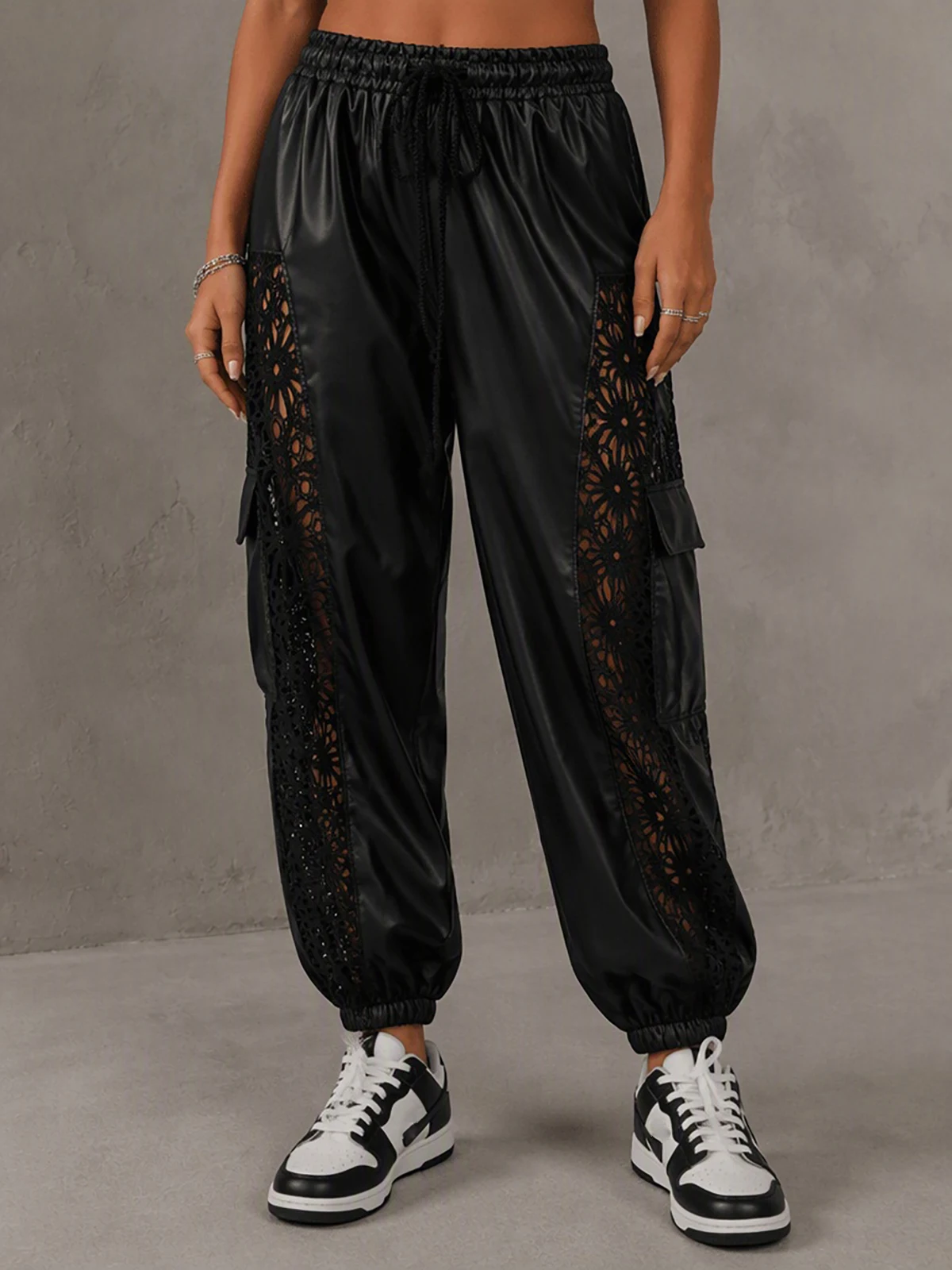 Women Black Faux Leather Pants Drawstring Waist Side Cut Out Lace Embroidery High Waist Gothic Streetwear Harem Pants Trousers