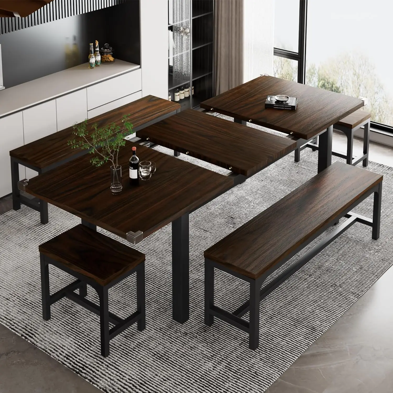 

5-Piece Dining Table Set for 4-8 People, Extendable Kitchen Table Set with 2 Benches and 2 Square Stools