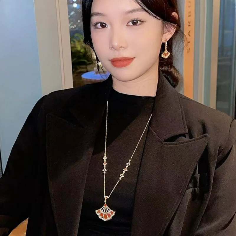 Designer Collection Dinner Party Long Necklace Earrings Inlay Cubic Zircon Carnelian Mother Of Pearl Pendant Jewelry Sets