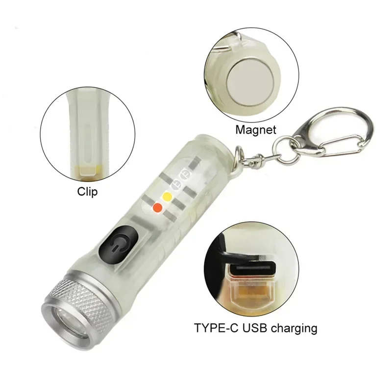 1-10PCS Fluorescent Flashlight Mini Keychain Light Rechargeable Multi-function Portable Magnetic Torch Lamp IP66 Warning Light