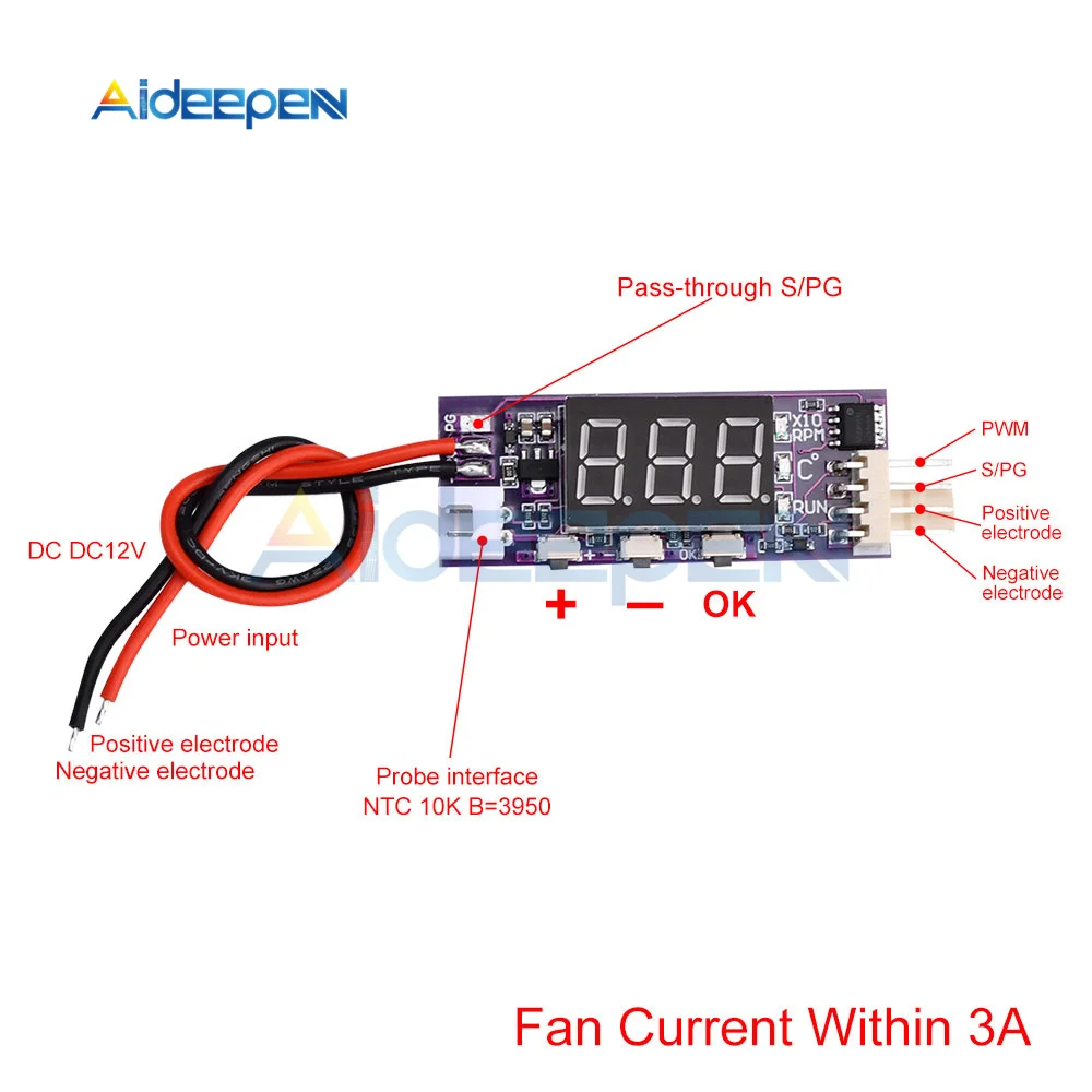 DC 12V Mini 4 Wire PWM Fan Temperature Control Governor Temperature Speed Digital Display Support 3A Fan On/Off Control