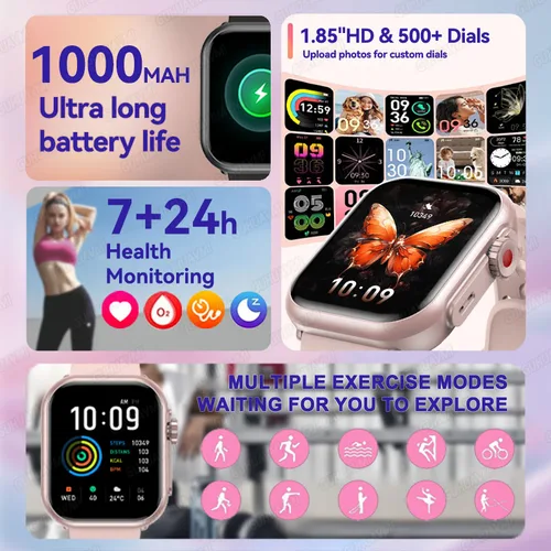 Imagen 2 del producto 2025 reloj de moda para mujer Ultra2 SE relojes inteligentes 1000mAh 1,85 ""AMOLED pantalla completamente táctil BT llamada Smartwatch para Android IOS señoras