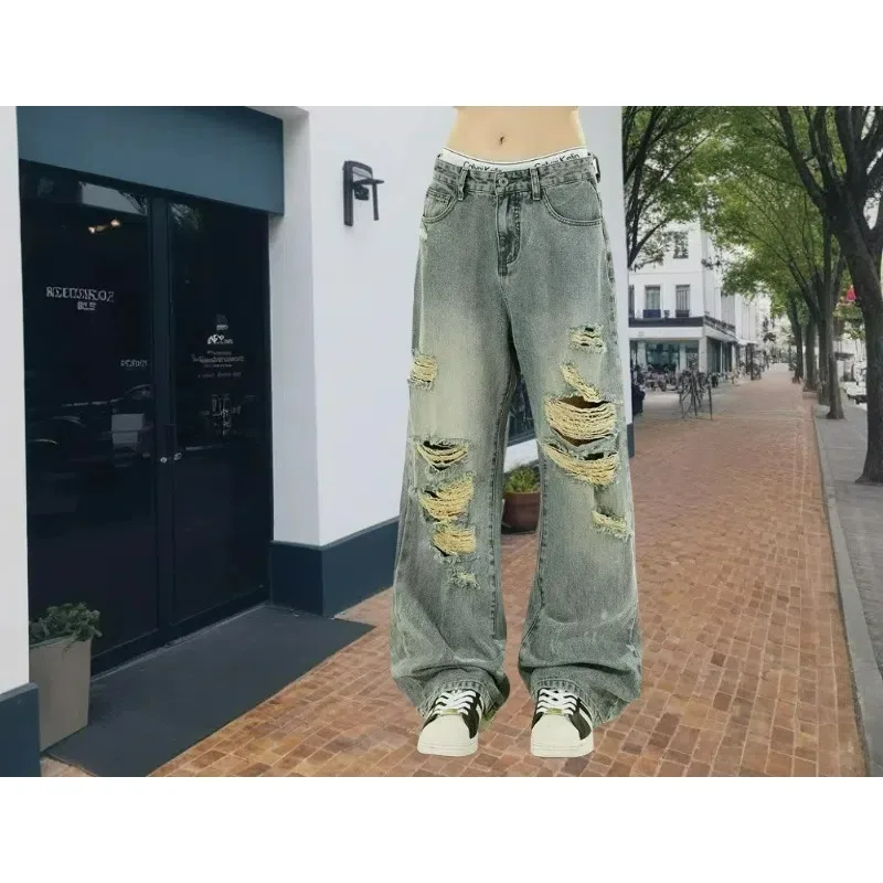 Nowe damskie jeansy w stylu amerykańskim, postarzane, z dziurami, szerokie nogawki, luźne spodnie dżinsowe, letnie, cienkie, codzienne, o swobodnym kroju.