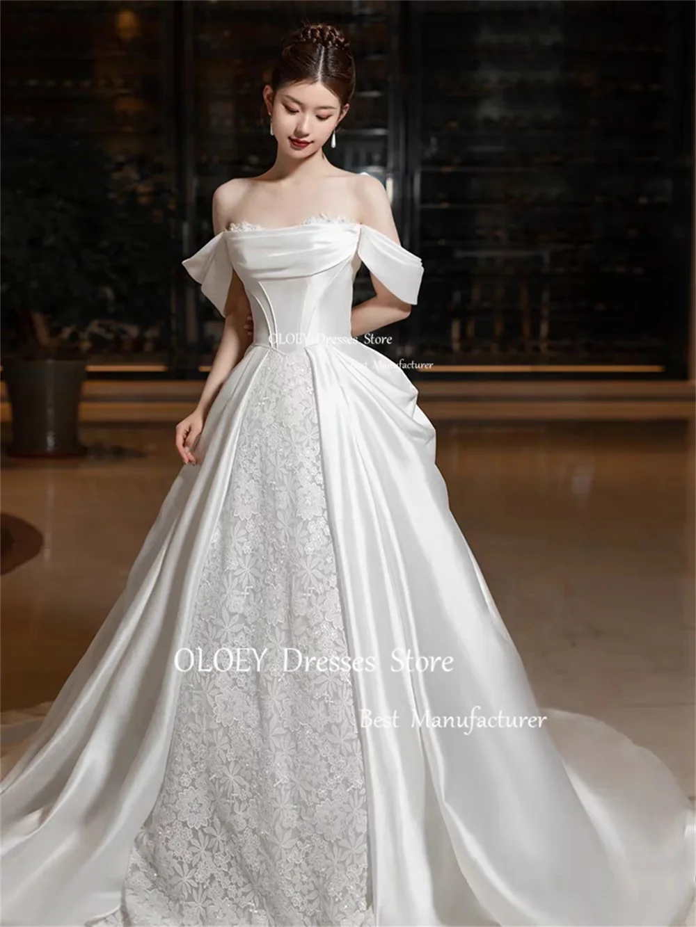 Oloey elegante Elfenbein Spitze Satin Brautkleid Korea Fotoshooting U-Ausschnitt von der Schulter Brautkleid boden lang eine Linie Brauch