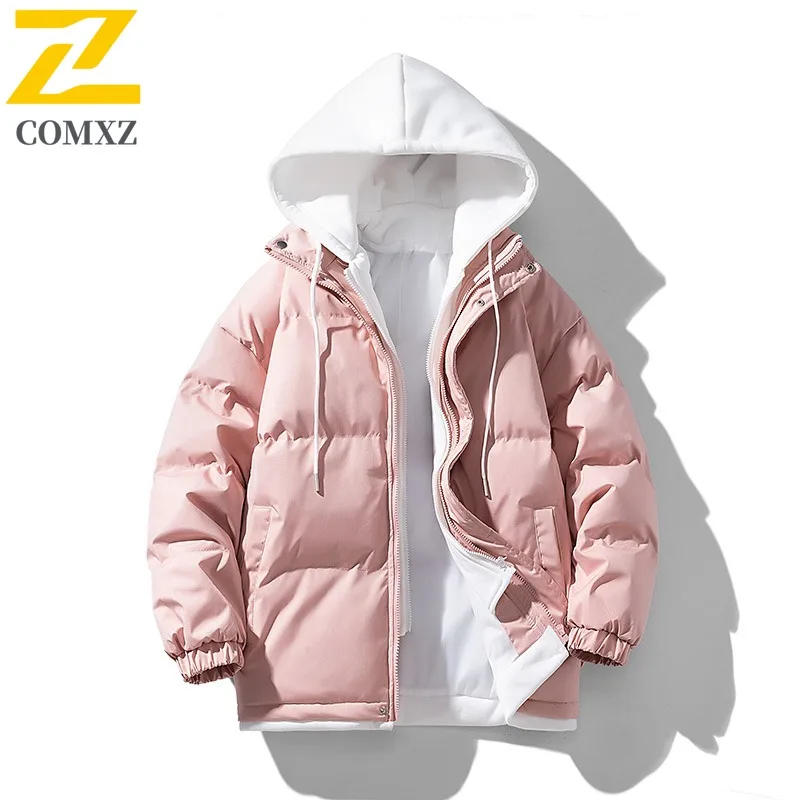 COMXZ Padding Coat Fake Two Piece Design Hood Camping Windproof Parka Loose Thickened Cold Protection Autumn Winter Trench Coat