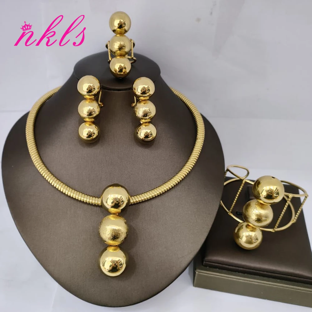 Fashion 18K Gold Plated Jewelry Set Women Round Beads Earrings Necklace France African Dubai Drop Earrings Bracelet Ring Jewelry