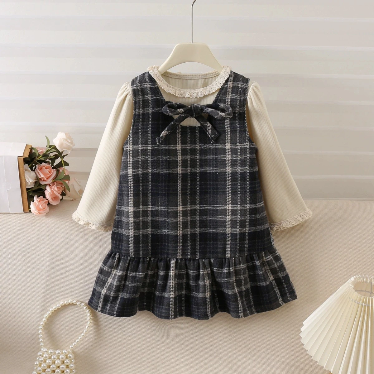 2025 Girls' Set Spring and Autumn New Set Temperament Plaid Tank Top Dress + Baby Long Sleeve Bottom Shirt