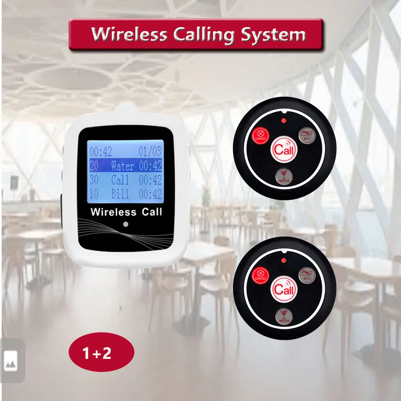 QWICALL Wireless Restaurant Guest Calling System 1 Waterproof Belt Watch Receiver 2 Table Call Buttons for Hospital, Bar