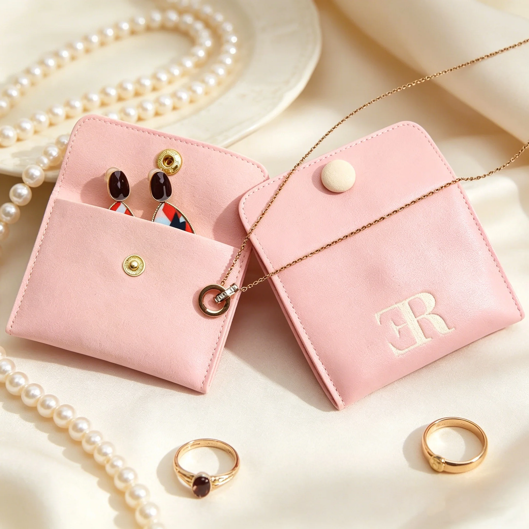 

SheepSew 50pcs Hot Sale Emboss Microfiber Necklace Bracelet Gift Storage Bag Customized Luxury Drawstring Microfiber Jewellery P