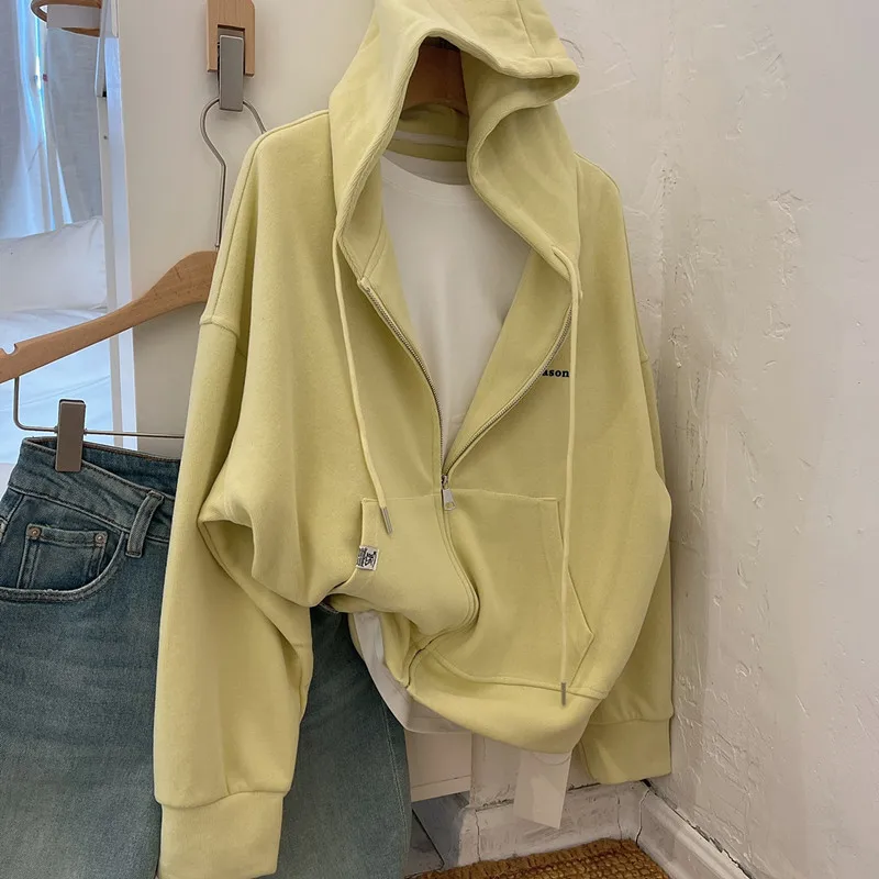 Loose Fit Embroidered Zipper Hoodie Women's Spring Fashion Short Jacket Candy Color Small Letter Casual Versatile Sweatshirt