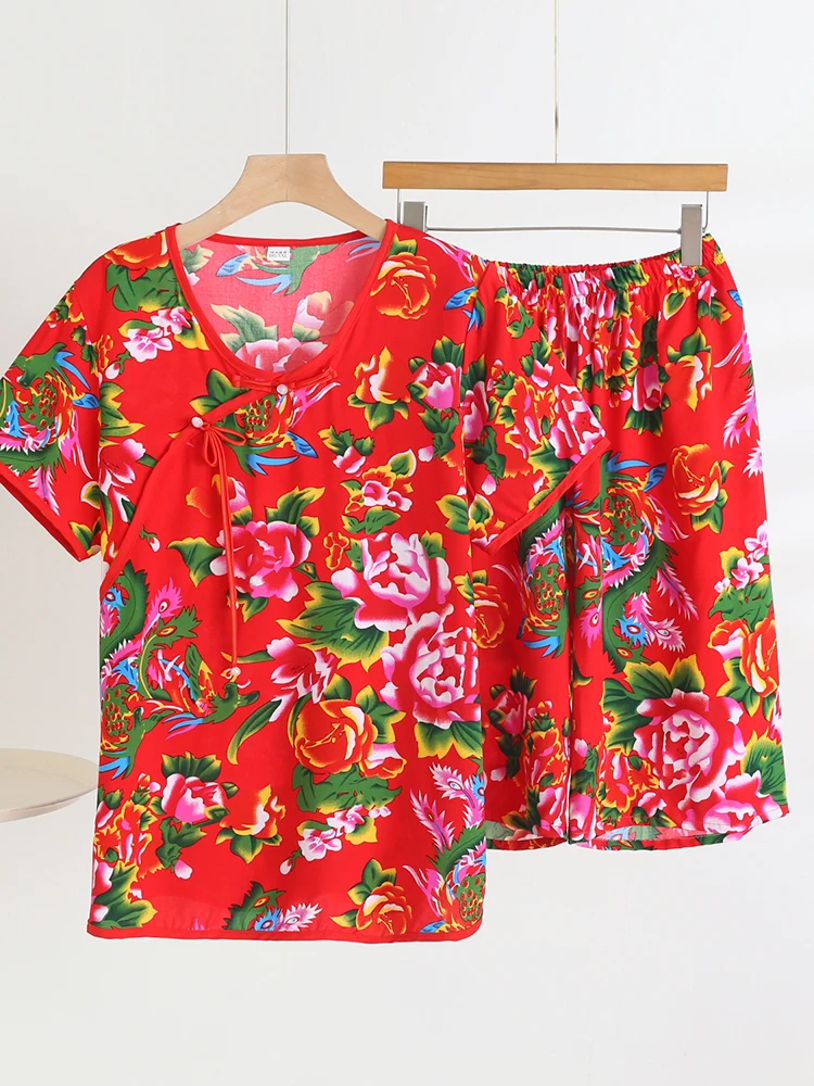 

Шелковый комплект домашней одежды большого размера, женский летний комплект с цветочным принтом ort Sve orts среднего возраста, хлопковая пижама для взрослых, комплект из двух предметов