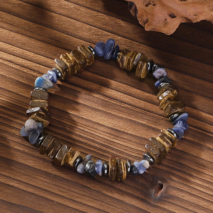 Pulsera Creativa Irregular de Madera y Piedras con Cuentas para Hombre, para Ocio, Vacaciones, Aire Libre, Hecha a Mano, Elástica, Curativa, Joyería Masculina