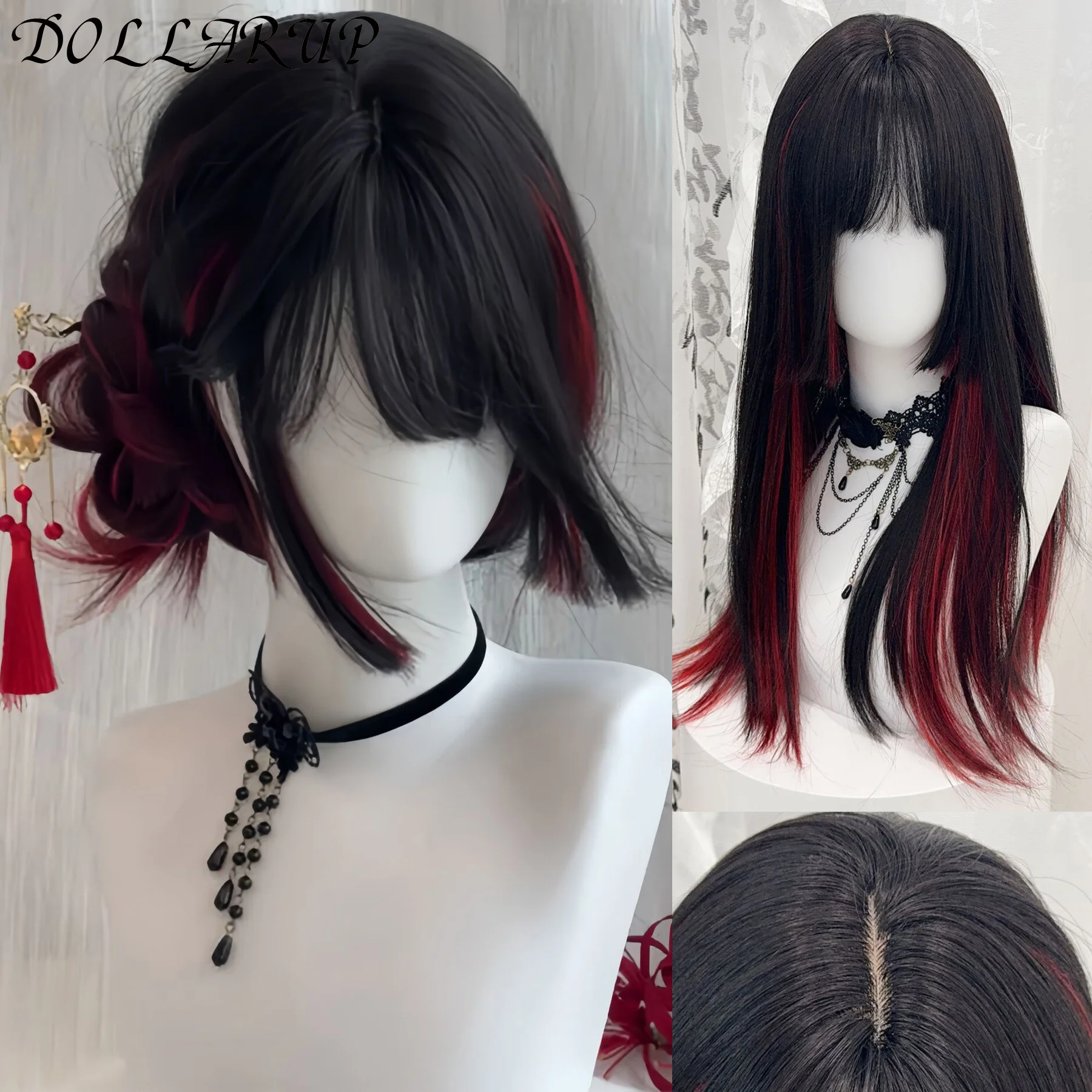 

Long Straight Cosplay Wig Women Costume Party Black Red Ombre Heat Resistant Synthetic Hair Wigs
