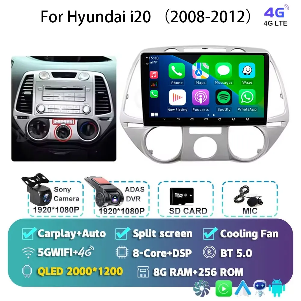 Android 15 Carplay Voor Hyundai i20 2008 2009 2010 2011 2012 Autoradio Stereo Multimedia Video Player WIFI Touchscreen