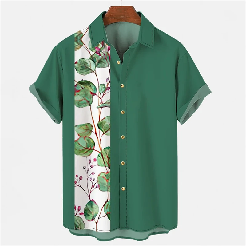 Camisa masculina com padrão de planta havaiana, casual, tops grandes, blusa de manga curta, moda verão, Y2k, 2024