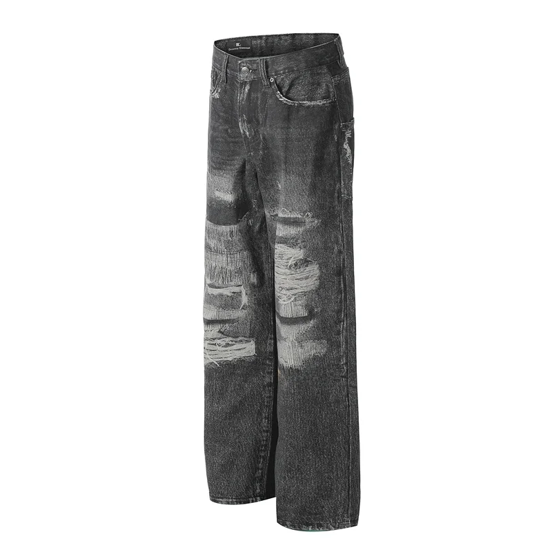 GXFortune ثلاثية الأبعاد الطباعة الرقمية واسعة الساق الجينز الرجال النساء المتعثرة فضفاض مستقيم الساق بنطلون عادية خمر Sle السراويل الطويلة
