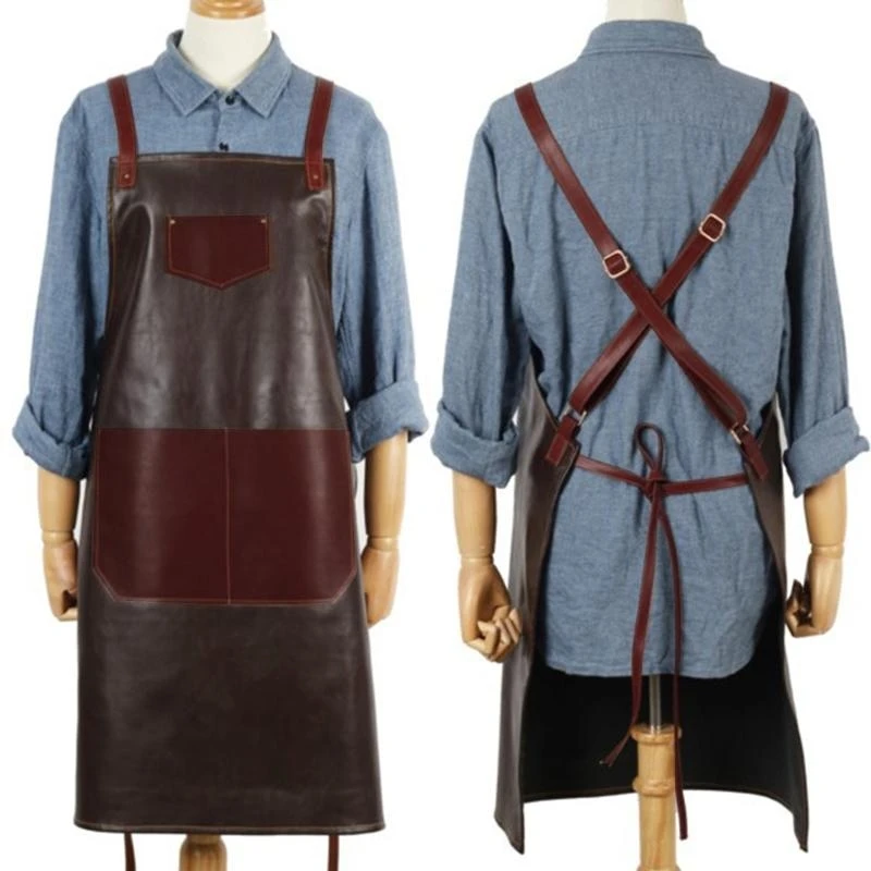 

E06B Leather PU Cook Apron Barista Bartender Chef Hairdressing Vest Apron Catering Uniform Work Wear Anti-Dirty Overalls
