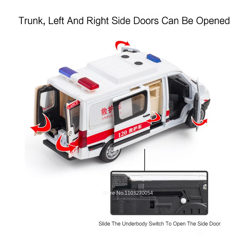 Scale 1/32 Ambulance Toys Model Car Diecast Alloy Special Police Vehicle 5 Doors Opened Sound Light Pull Back Toy Gifts for Kids