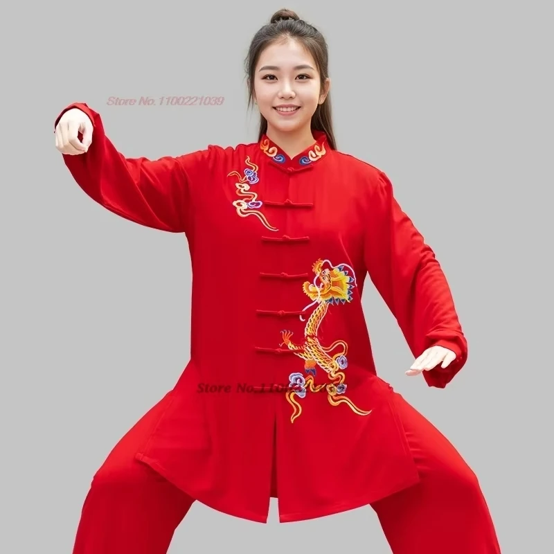 

2025 chinese kung fu tai chi martial arts wushu uniform national dragon embroidery tops+pants set wing chun training exercise