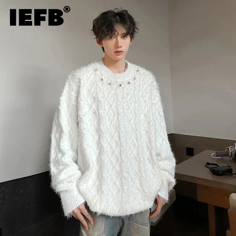 IEFB American Style Men's Knitted Sweater Loose Metal Design Weave O-neck Solid Color Casual Male Tops New Autumn Fashion 9C7800