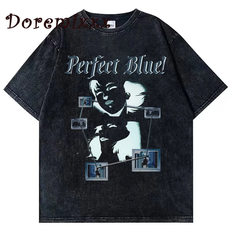 Vintage Washed T Shirt for Men Short Sleeve Tops Street Hip Hop Perfect Blue Graphic T-shirts Y2k Oversized Tees Men's Clothing