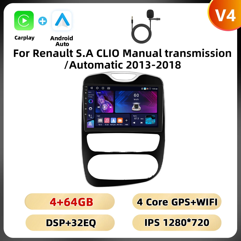 Podofo 10.1 ''2din Autoradio Voor Renault S.a Clio Handgeschakelde Versnellingsbak/Automatische 2013-2018 Carplay Android Auto Gps Wifi 4G Dsp