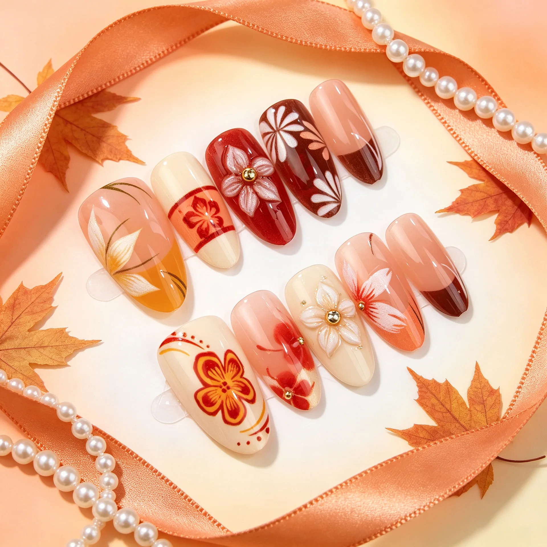 24Pcs Autumn French Stripe Polka Dot Press on False Nails Almond Detachable Mid-length Fake Nail Simple 3D Flower Stick on Nails