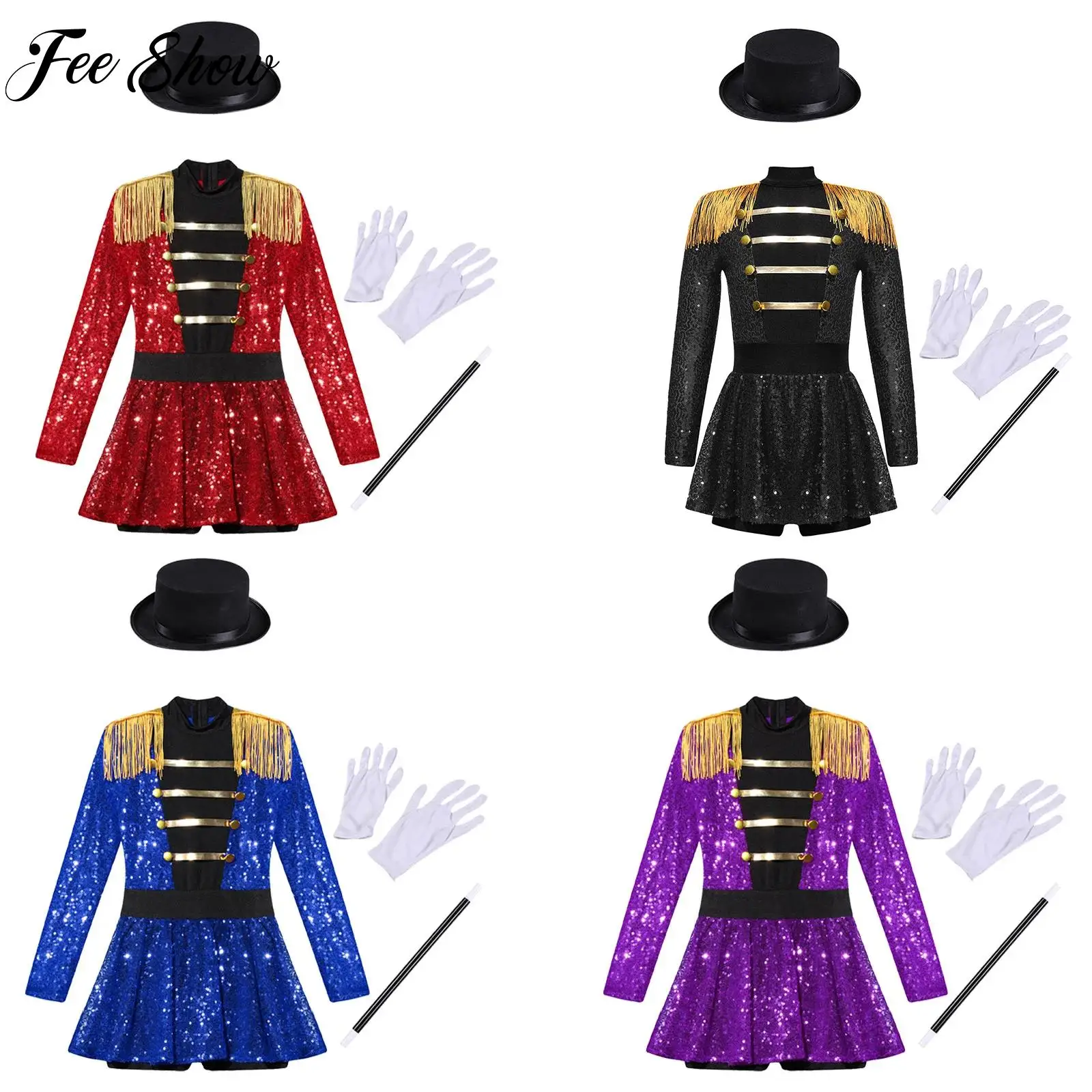 

Kid Girl Ringmaster Circus Cospaly Costume Set Long Sleeve Sequin Bodysuit with Hat Magic Wand Gloves Halloween Performance Set