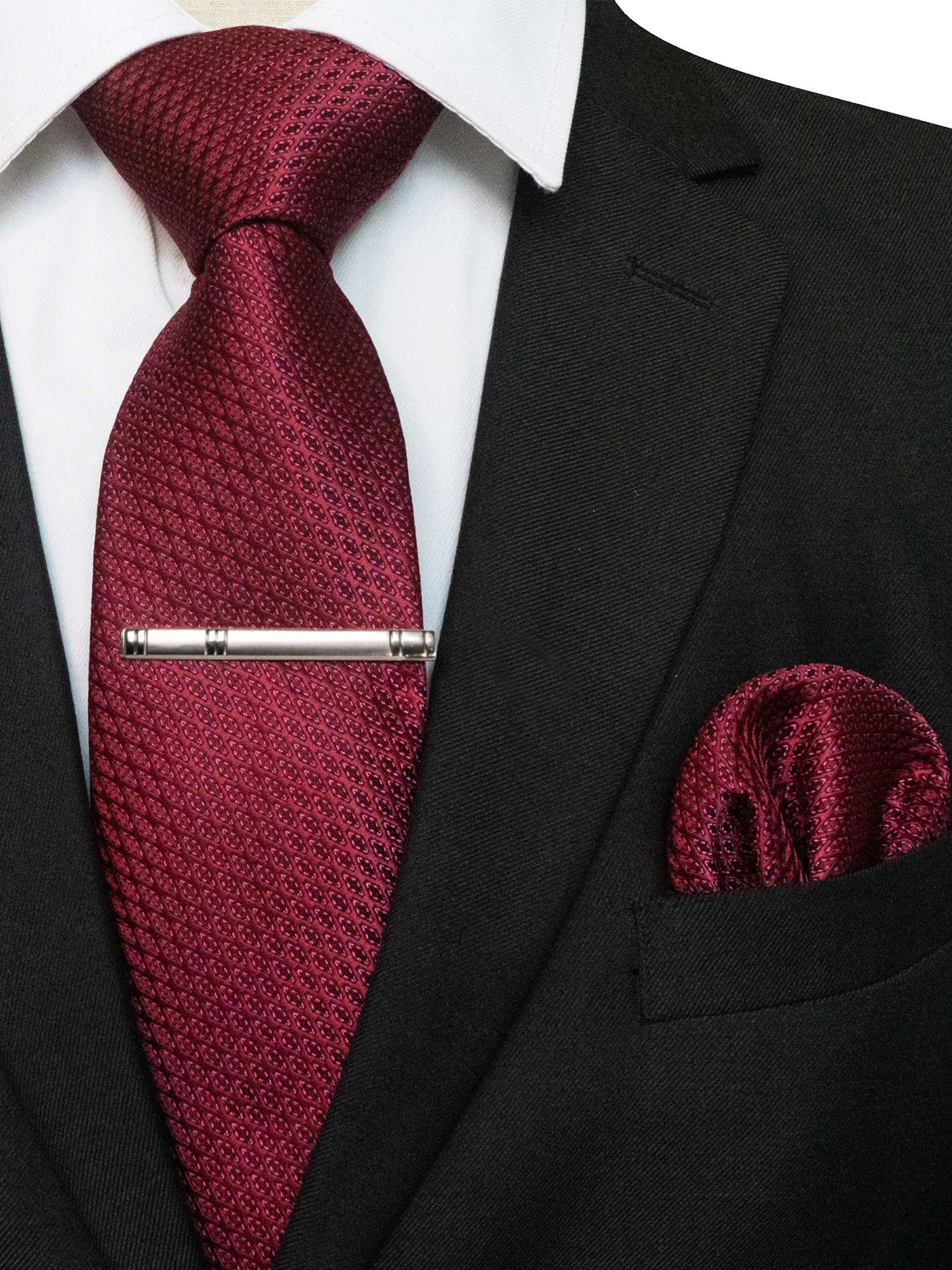 KAMBERFT Klassische Herrenkrawatte mit Krawattenklammer und Einstecktuch, 3-teiliges Set für Büro, Hochzeit, Party – Detail 12