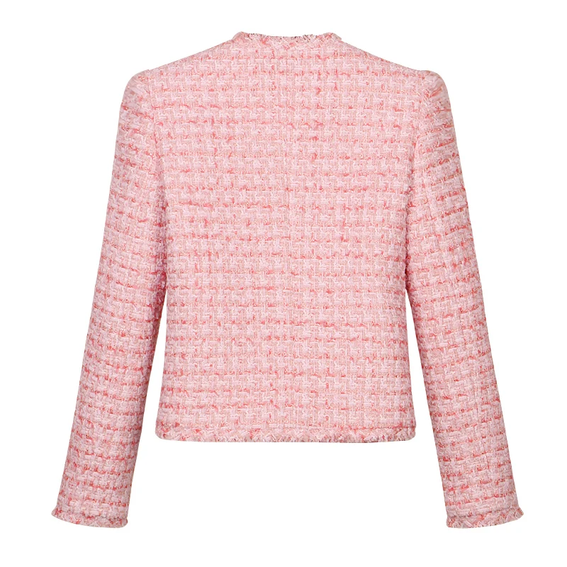 2025 New Fashion Jacket Classic High-end Light Luxury Round Neck Pink Braided Tweed Slim Top