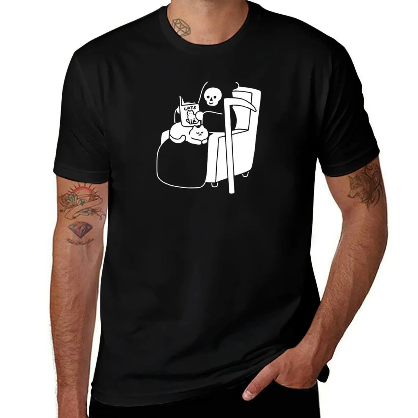 Grim and Cat Reading Time T-Shirt cotton t shirts high quality t shirts designer mens graphic t shirts T-Shirt