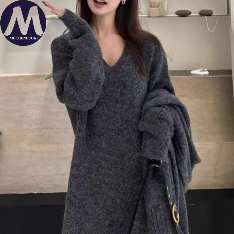 우아한 브이넥 니트 스웨터 드레스 여성용 다용도 가을 겨울 롱 캐주얼 루즈 패션 한국 스타일 스카프 포함