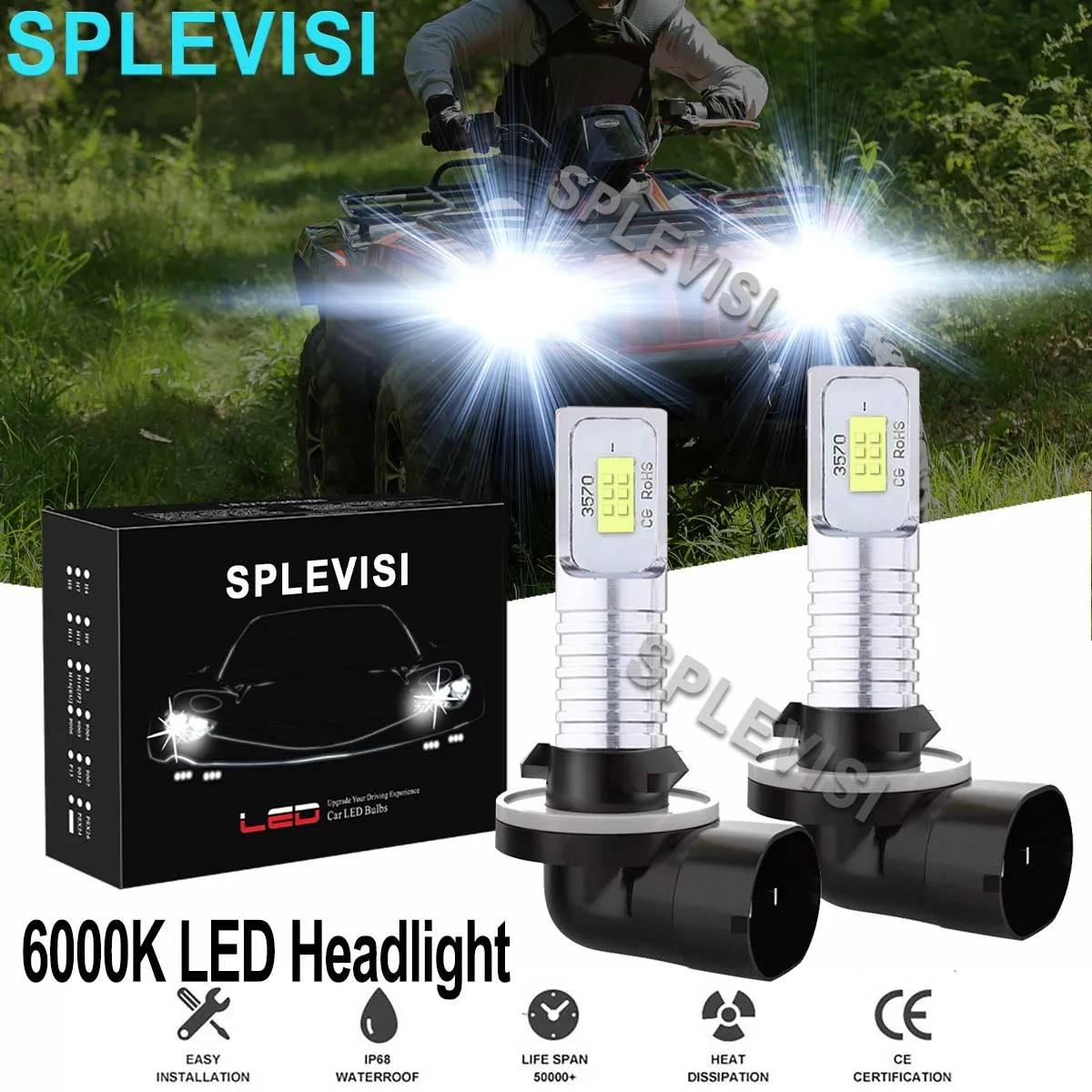 

2x 70W 6000K Pure White LED Headlight Bulbs Kit For Arctic Cat 400 500 650 700 1000