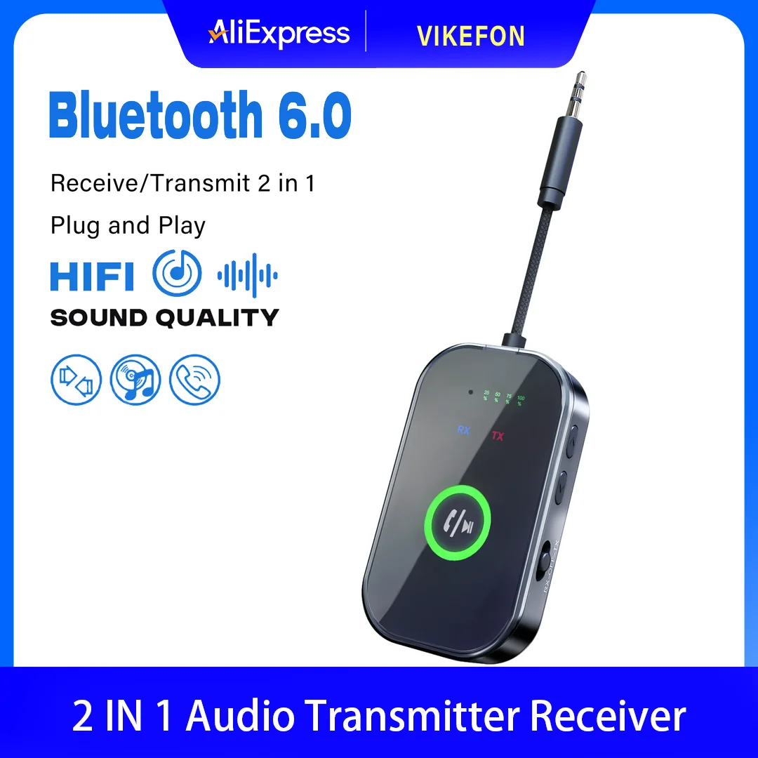 Bluetooth 6.0 AUX Audio Sender Empfänger 2 IN 1 Wireless Adapter 3,5 mm mit Mikrofon HiFi Stereo Musik für Auto TV PC Flugzeug