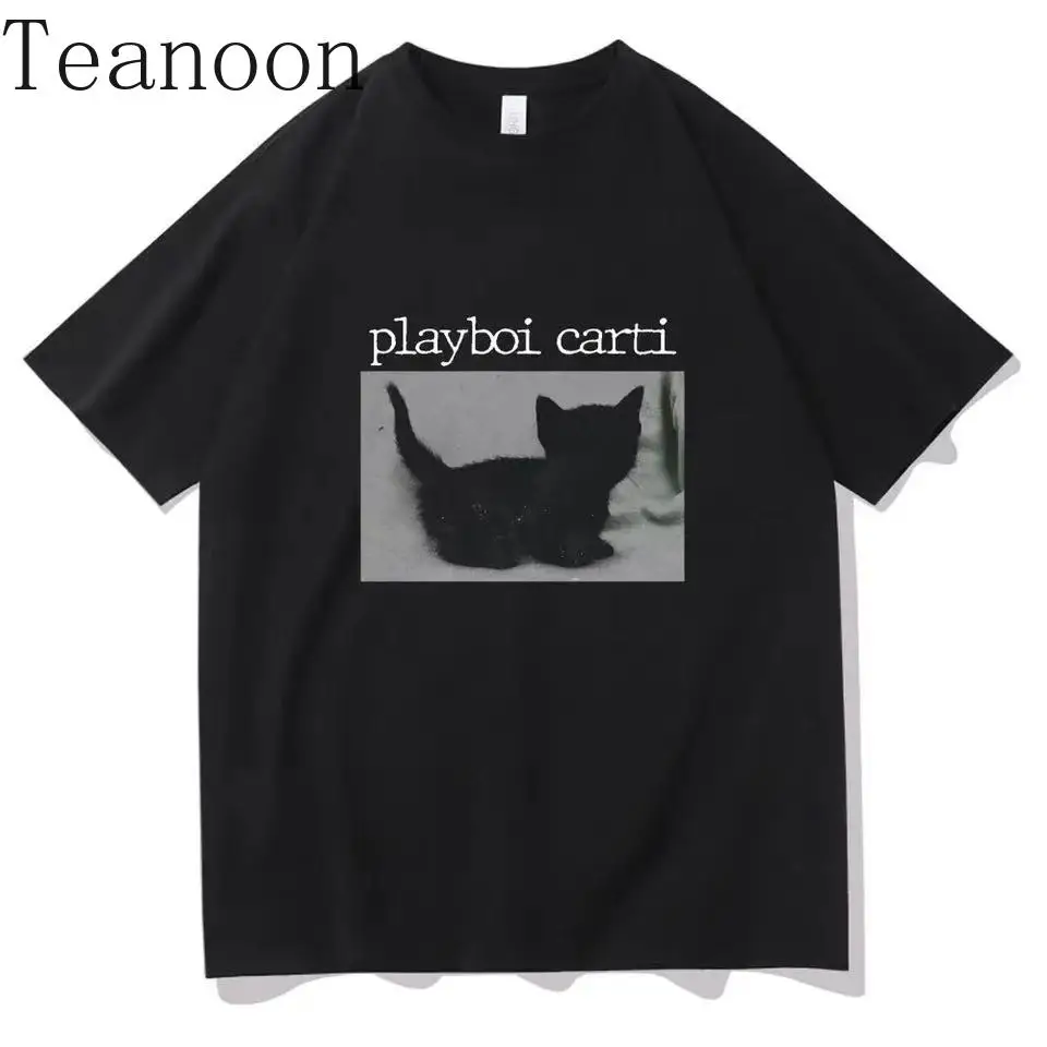 Teanoon Playboi Carti Oversized Hip-Hop T Shirts Cute Cat Harajuku Print Tee Regular Mens Tops Quality Rapper Tshirt