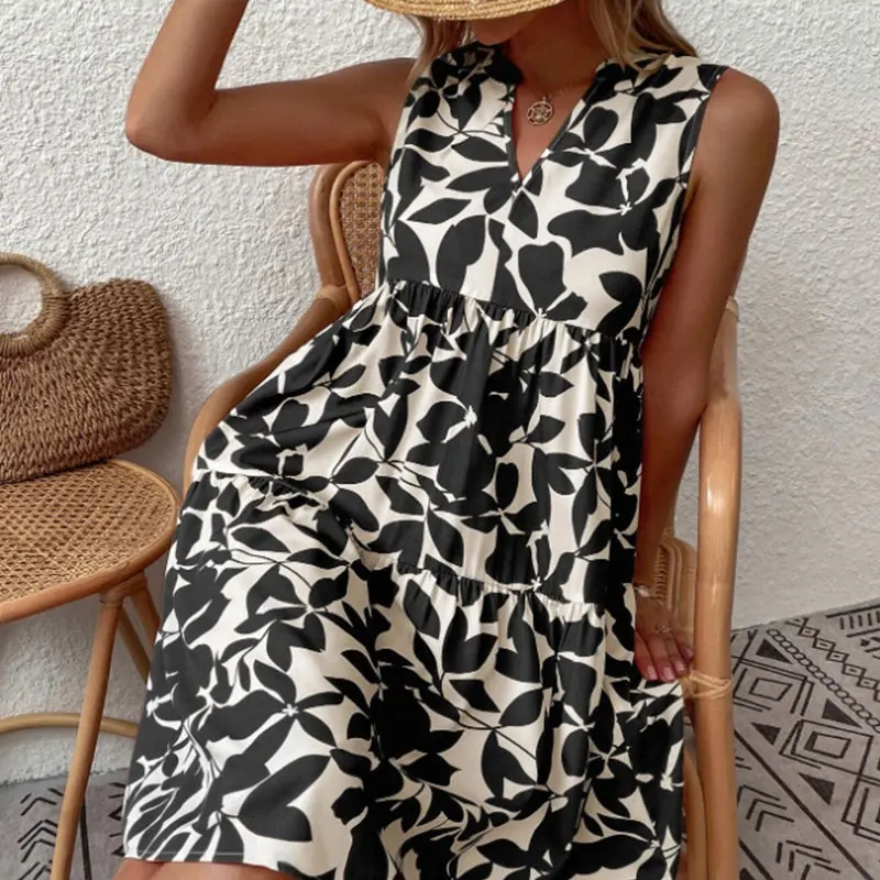 Summer Women Print Dress Sleeveless V Neck Ruffle A Line Mini Dress Boho Beach Casual Loose Knee-length Short Dresses